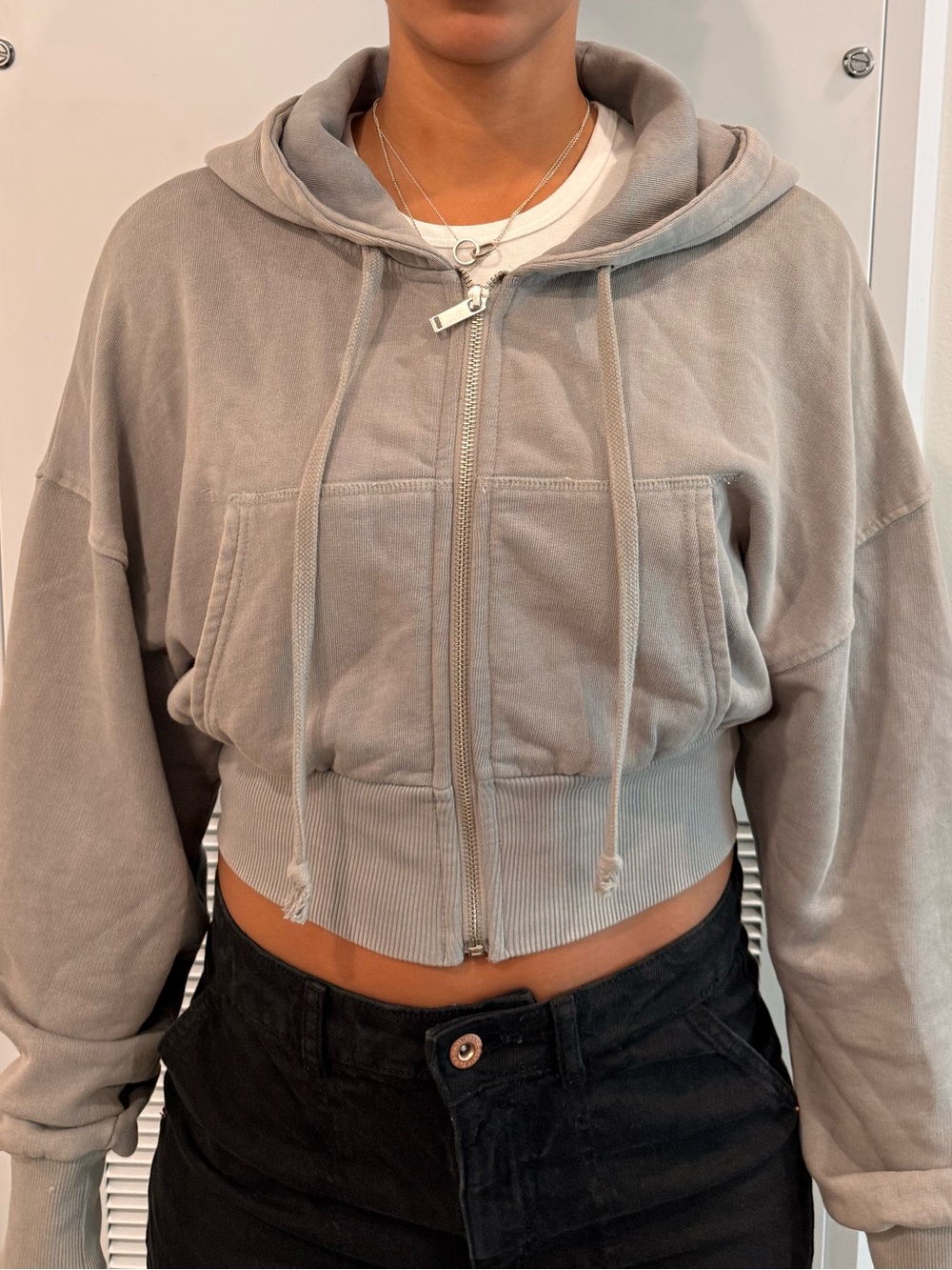 Zara Cropped Light Gray Bomber Hoodie Jacket